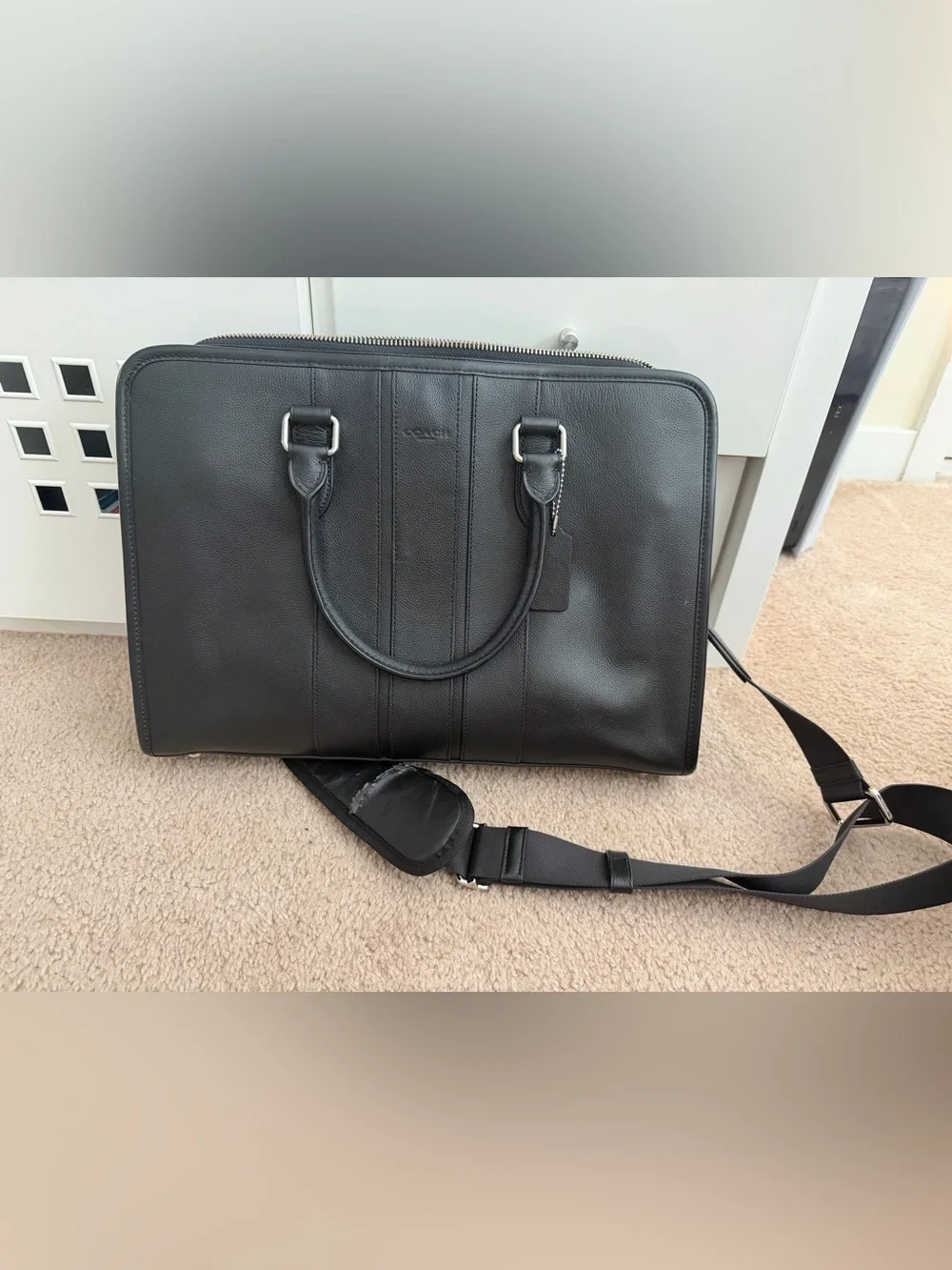 Black Leather Briefcase with Shoulder Strap - Men